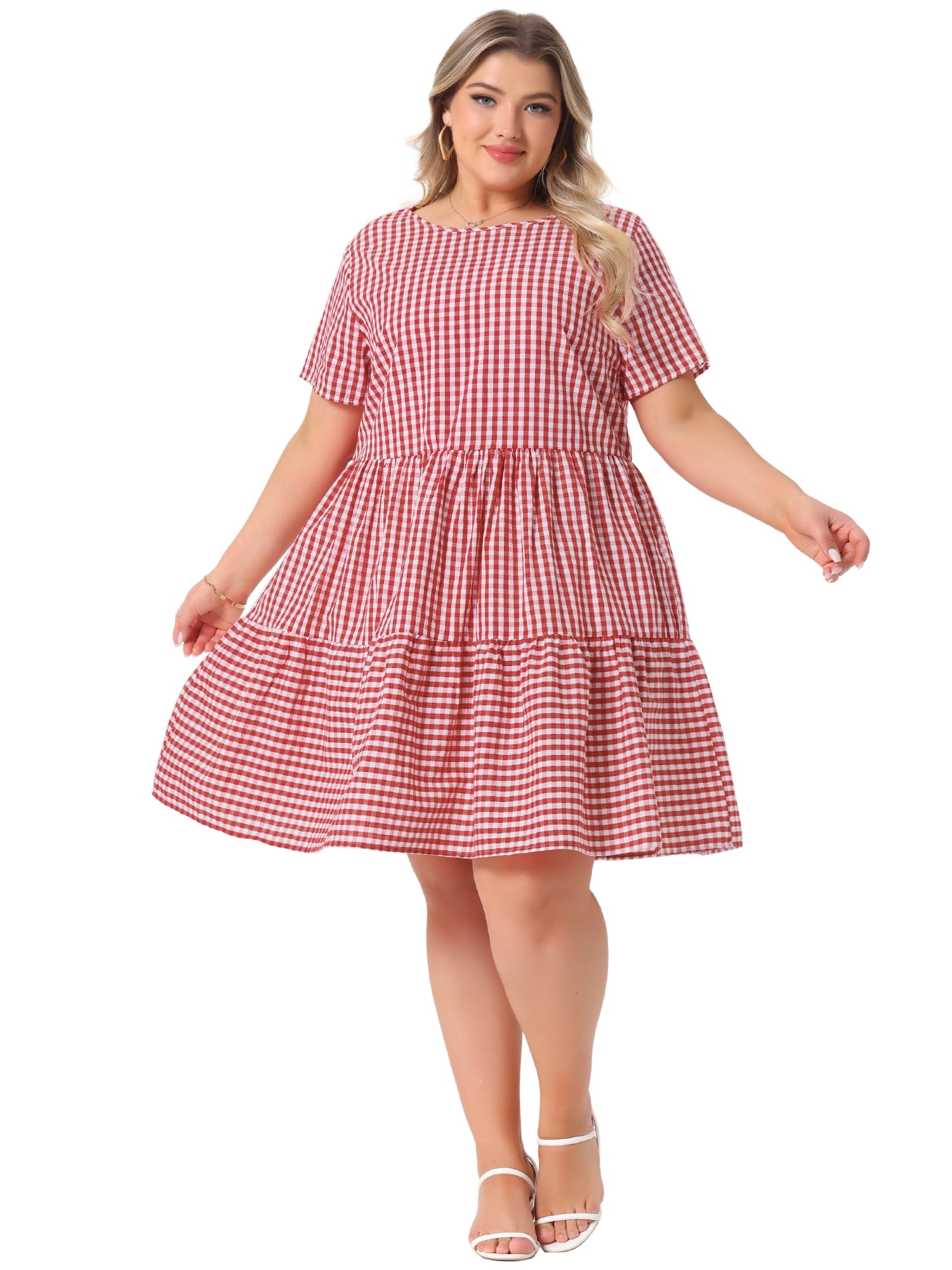 DARING DIVA Women's Plus Size Plaid Round Neck Short Sleeve Midi Dress 2X Red