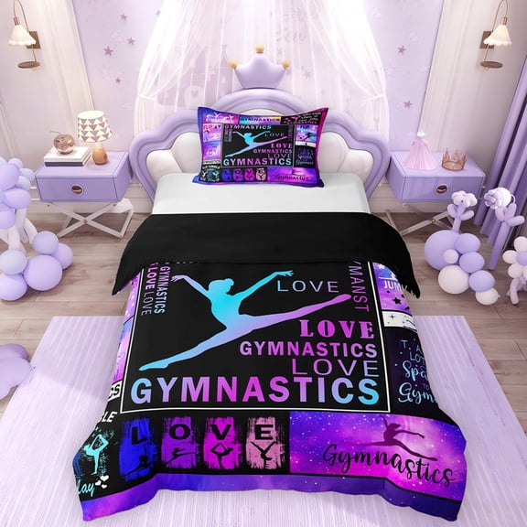 Erosebridal Gymnastics Twin Bedding for Girls, Gymnast Sport Duvet Cover Set, Black Reversible, 1 Duvet Cover and 1 Pillowcase (No Comforter)