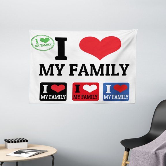 Family Tapestry, Signs and Labels I Love My Family Emblems Stamp Colorful Retro Classic Composition, Wall Hanging for Bedroom Living Room Dorm Decor, 60W X 40L Inches, Multicolor, by Ambesonne
