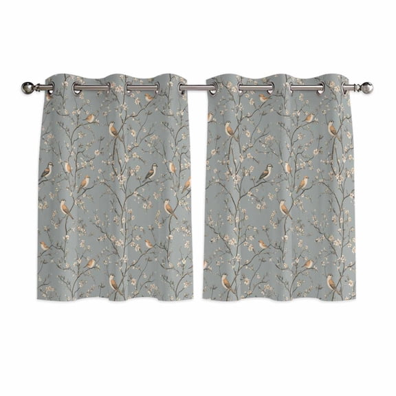 Tree Birds Kitchen Curtains Short 45 Inch Length, Vintage Grey Flower Floral Branch Spring Grommet Top Bedroom Living Room Curtains, Light Filtering Cafe Curtain Drapes 2 Panels Set 84''x45''