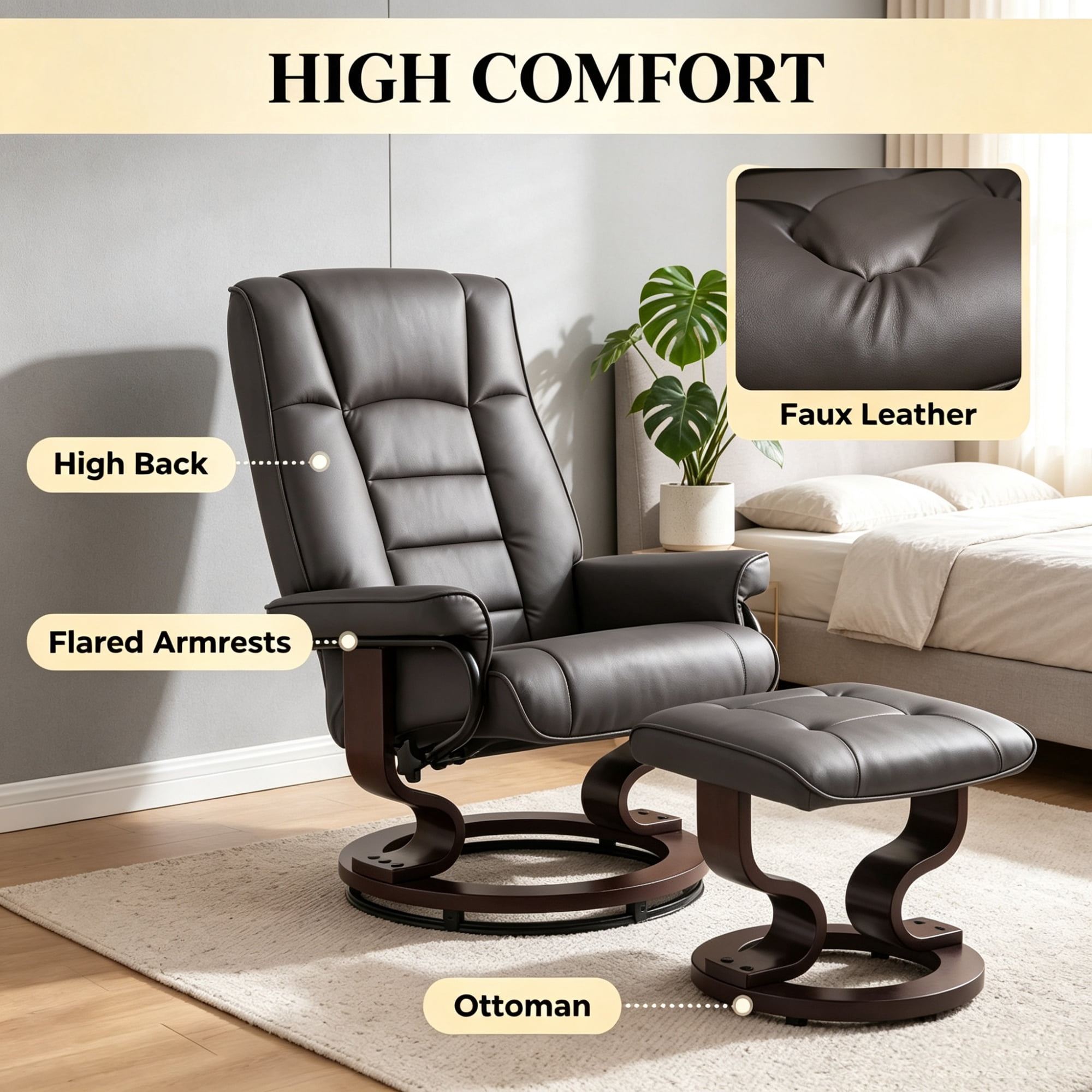 Faux Leather Reclining Chair with Ottoman, Manual Recliner with Tufted Back and Wood Frame, Brown