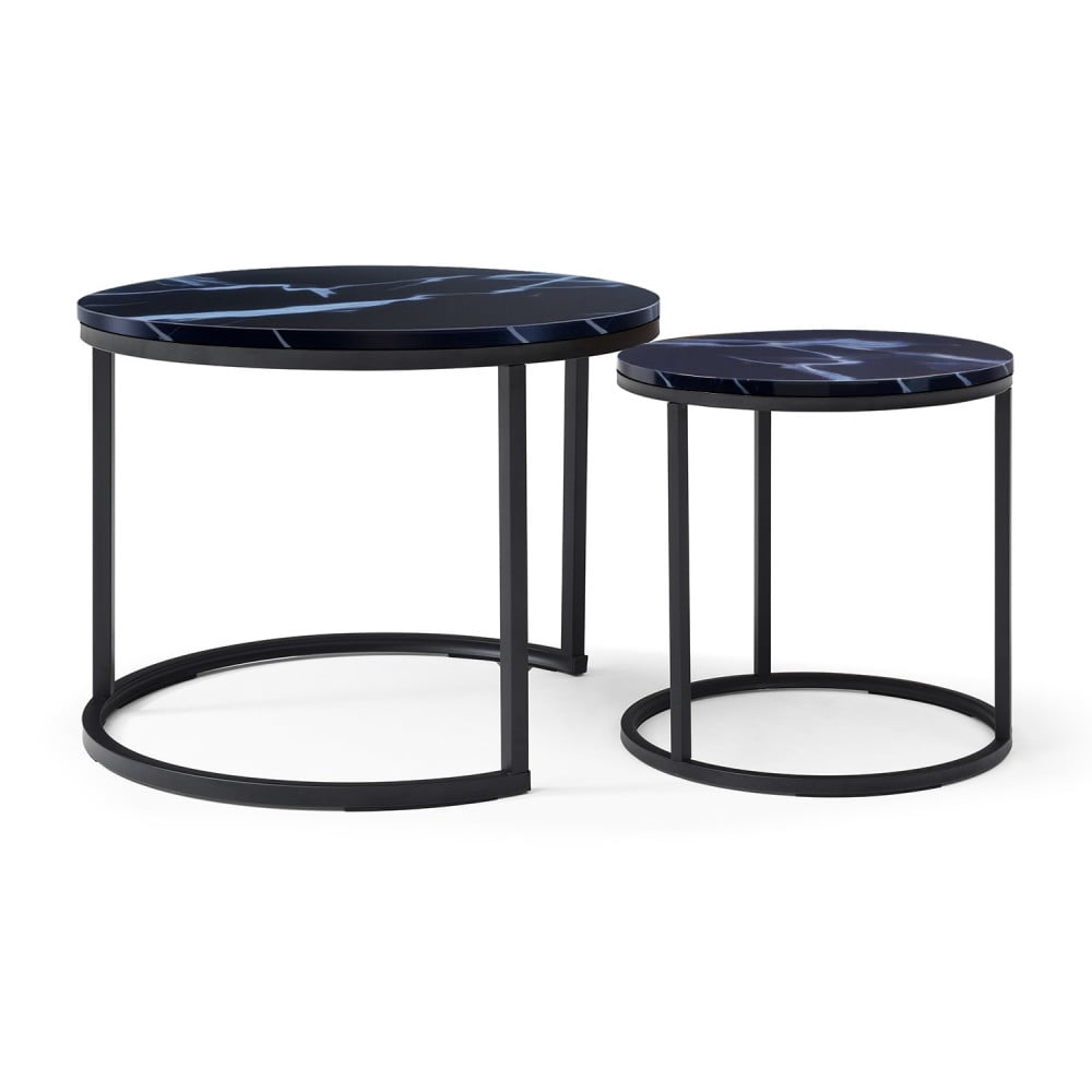 Set of 2 Nesting Coffee Tables, Black Round Marble-Look Wood Top with Black Metal Frame, Modern Industrial Side Tables, End Tables for Living Room, Bedroom