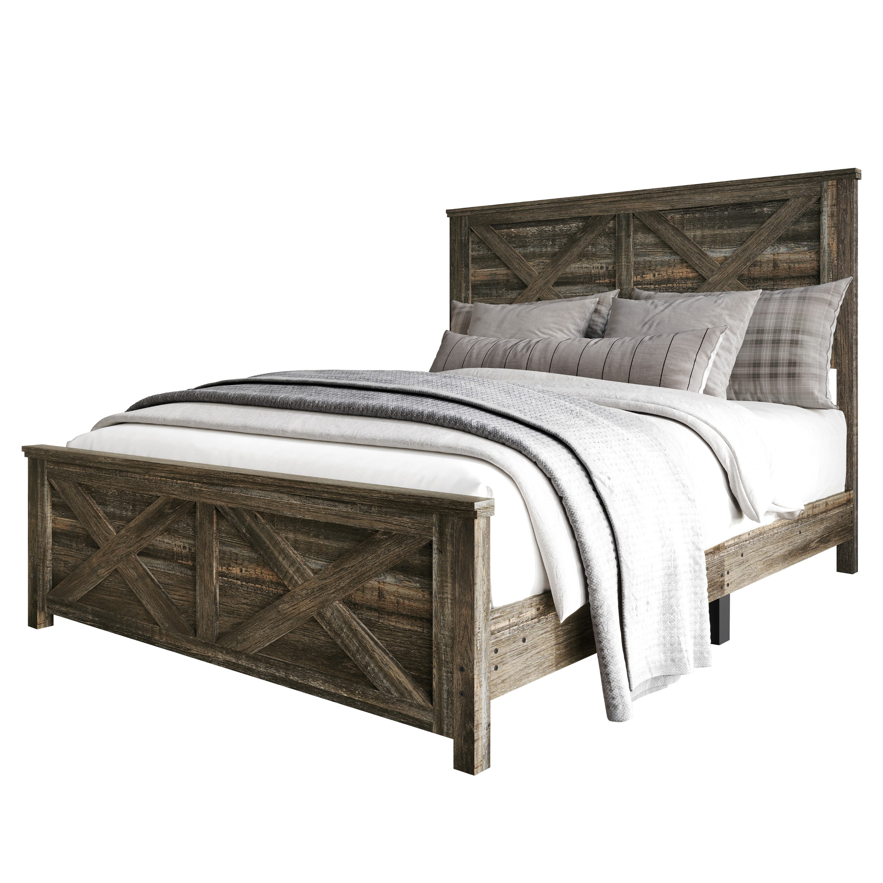 Home Design Niles Full Panel Bed Frame with X-Shaped Panel Design and Rustic Wood Finish, Brown, Easy Assembly