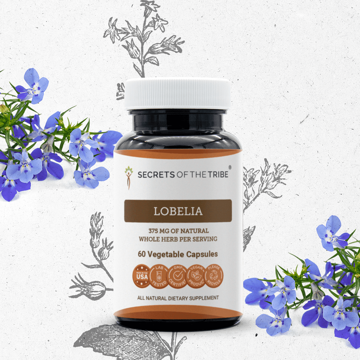 Secrets Of The Tribe Lobelia Capsules Dietary Supplement, Natural Herbal Capsules for Respiratory Support, Lobelia (Lobelia inflata) Dried Herb, 60 Capsules