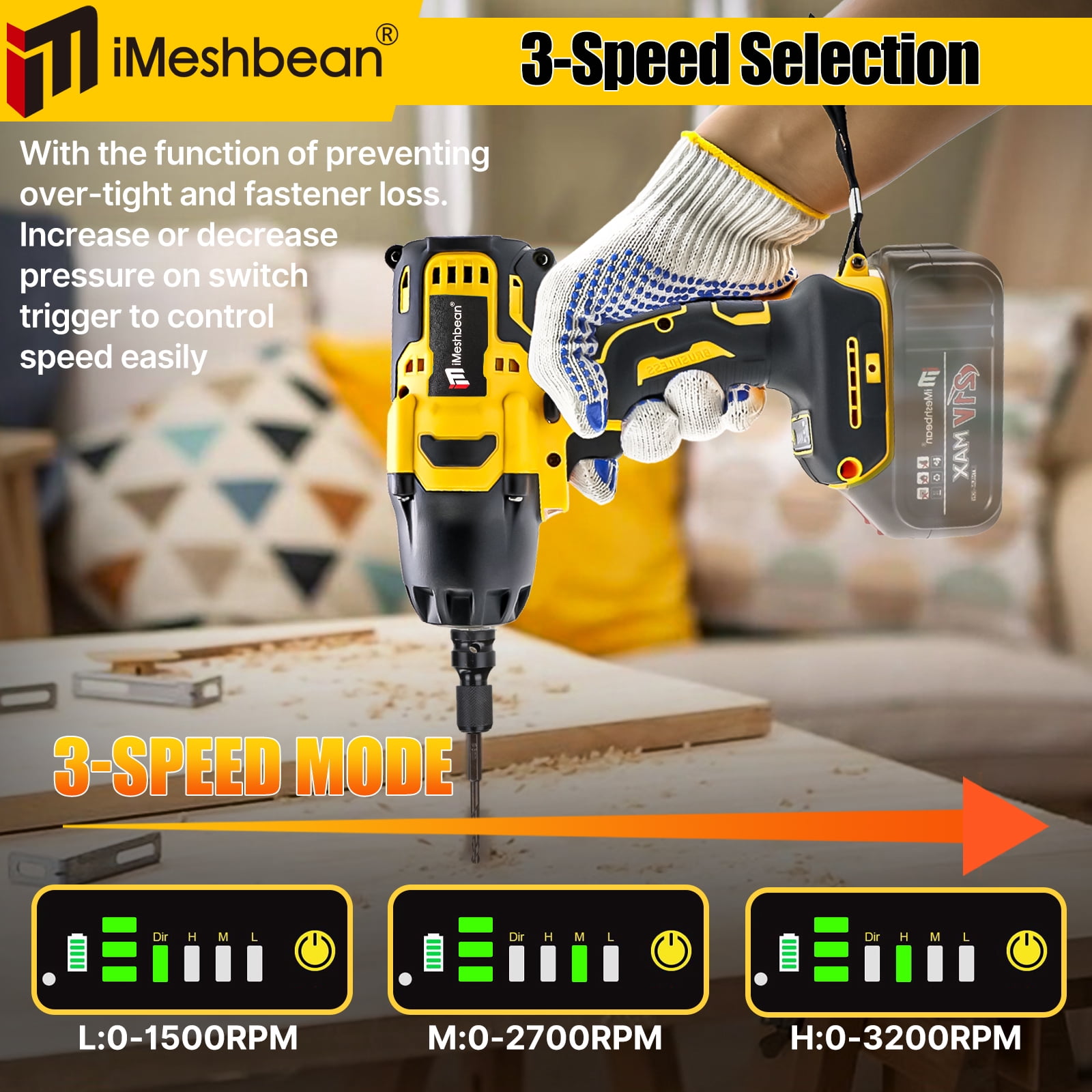 iMeshbean 1/2 inch Cordless Impact Wrench 1000N.m High Torque Power Brushless Drill 3 IN 1 Screwdriver Socket Tools