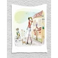 thumbnail image 1 of Dachshund Tapestry, Modern Urban Scene Illustration with Woman Walking Her Dog in European City, Wall Hanging for Bedroom Living Room Dorm Decor, 40"W X 60"L, Multicolor, by Ambesonne, 1 of 2