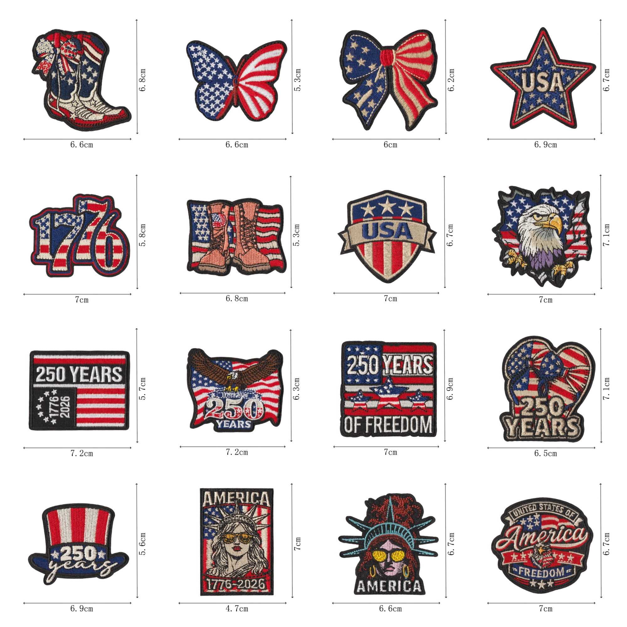 16 Pieces USA 250th Anniversary Iron On Patches, Patriotic Sew On Embroidered Patches, American Flag 1776-2026 Freedom Patches for Jackets Hats Backpacks Jeans