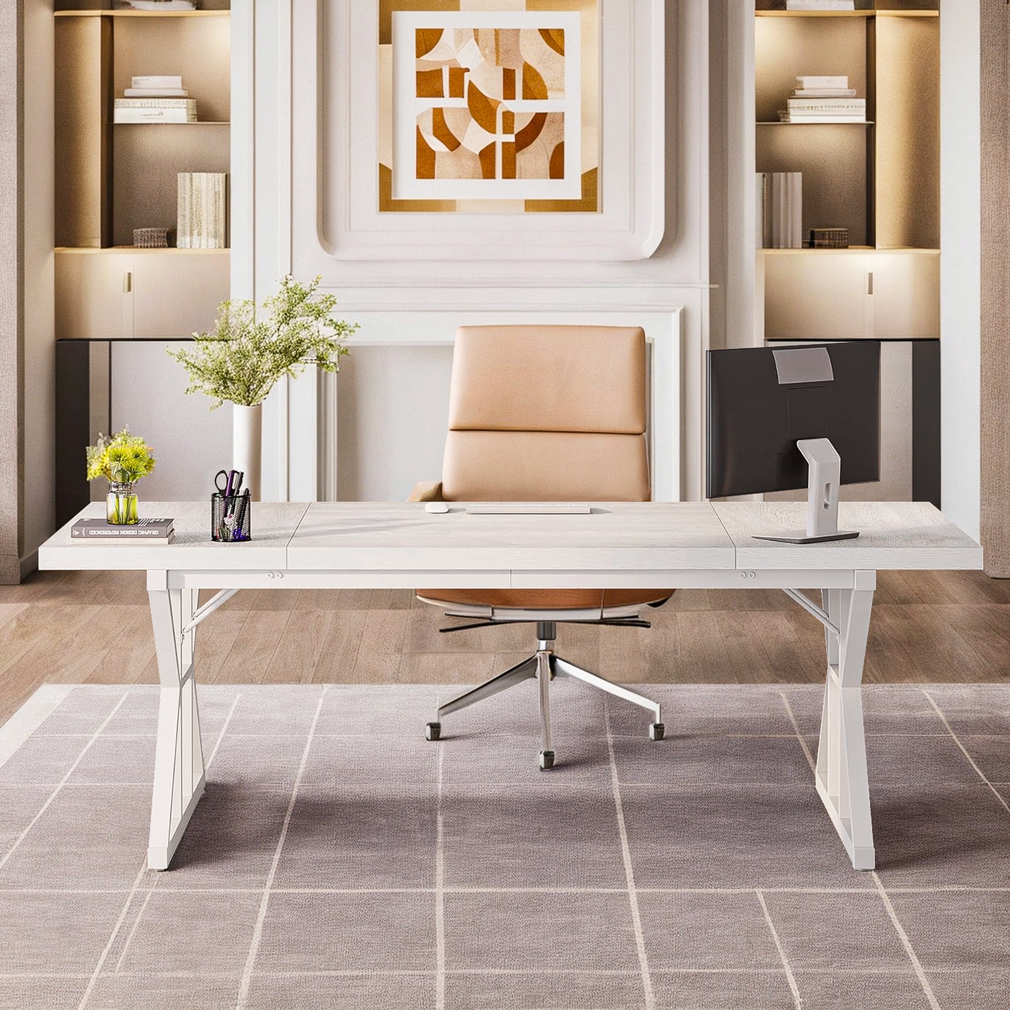 Demi Bonn 71" Farmhouse Dining Table, Wood Rustic Kitchen Table for 6 People, Large Rectangular Dinner Table for Dining Room, Home Office, Living Room Furniture, White