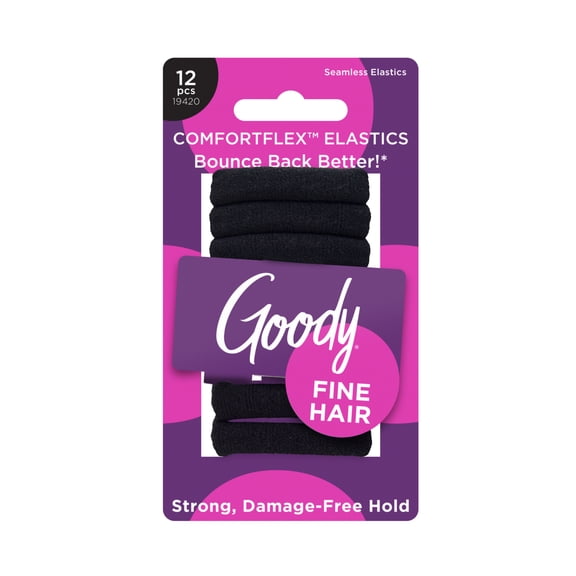 Goody ComfortFlex Ouchless Hold Seamless Black Hair Elastics for Fine Hair, 12 Pack, No-Slip Grip, No Snag