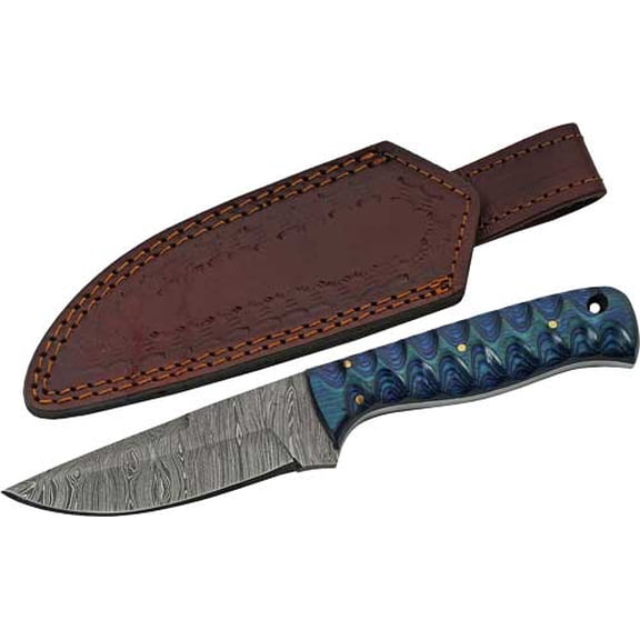SANZ Damascus Hunting Knife 8 Inch - Sapphire Skinning Knife with Grooved Wood Handle, Full Tang Blade & Sheath - Pocket Knife for Hunting, Camping & Outdoor uses - Knives for Men