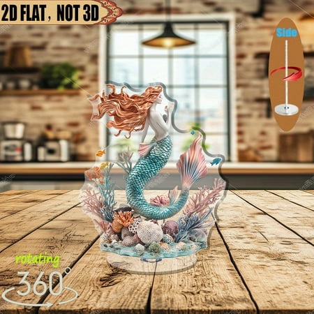 1pc 2d flat Revolving acrylic centerpiece featuring a majestic mermaid with coral and seashells for home, office, or coastal-themed events