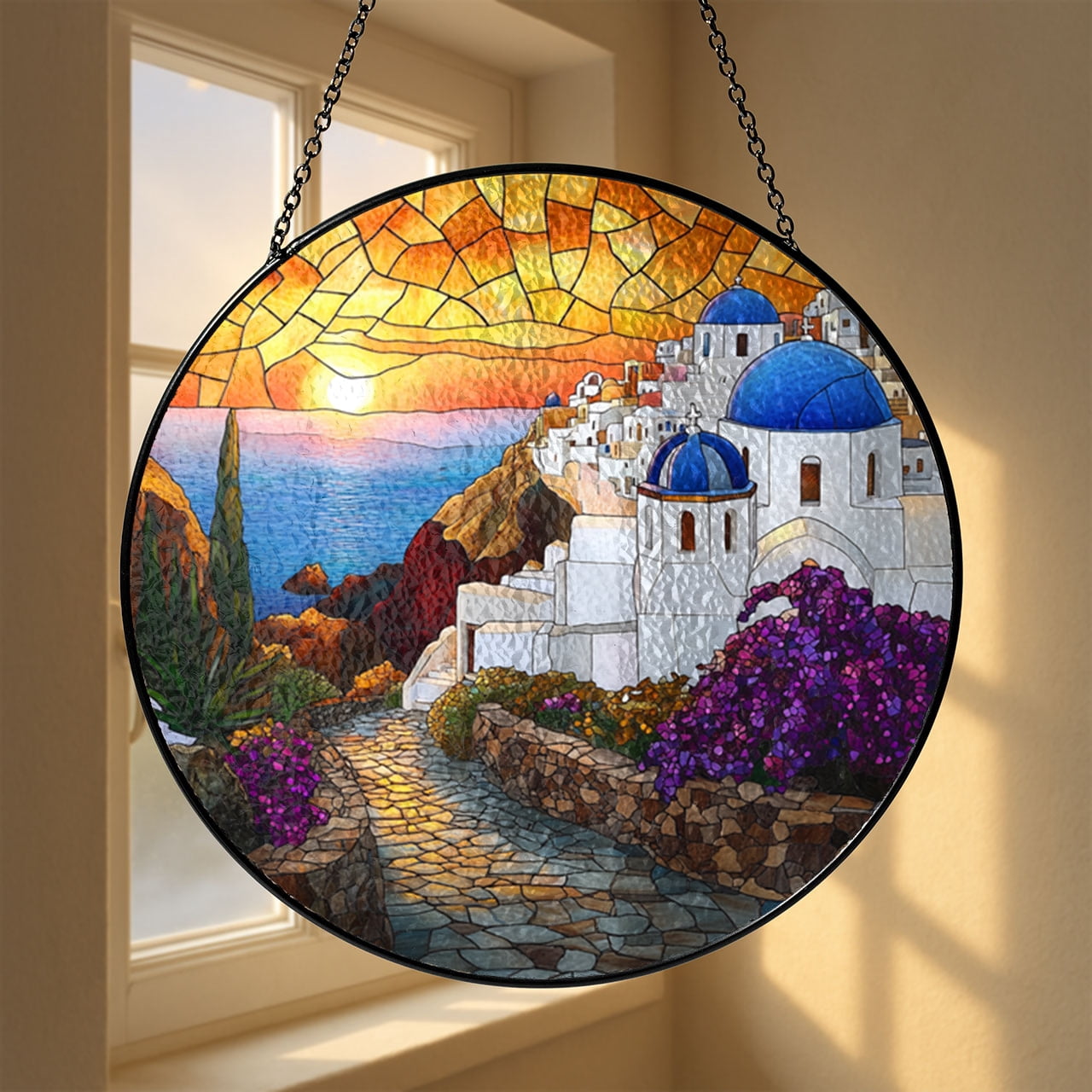 Faux stained glass Santorini panel, serene sunset window hanging for travel inspired decor