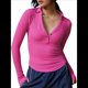 thumbnail image 3 of Camisetas Henley de Larga para Mujer, -Otoño 2025, de Punto Acanalado con Botones, Corte Entallado, Blusas Básicas Informales. Rosa Roja XL, 3 of 7