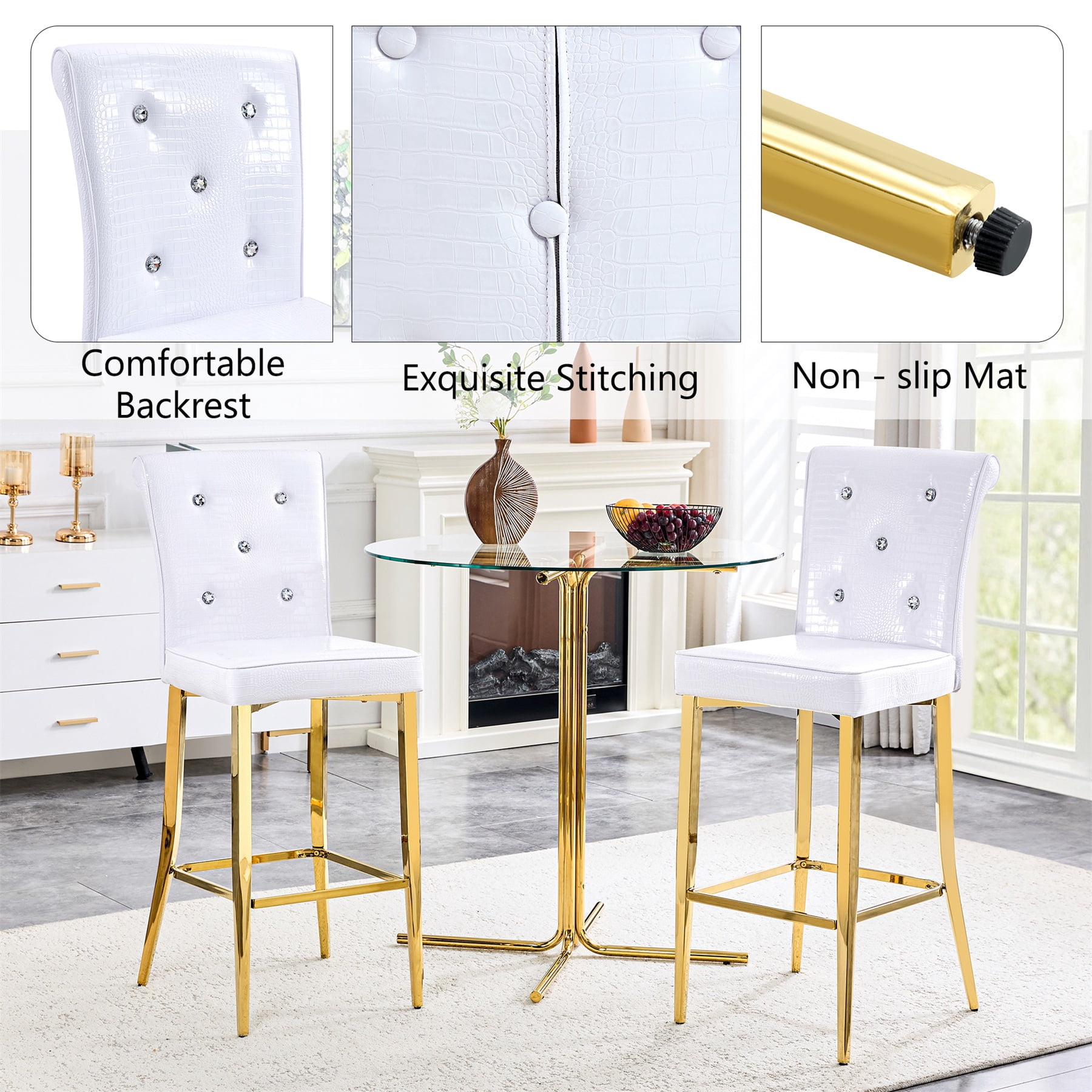 Alvantor Bar Stools Set of 2 Vintage Leather Bar Stools with Crystal Clasp Counter Stool Chairs for Kitchen Island White