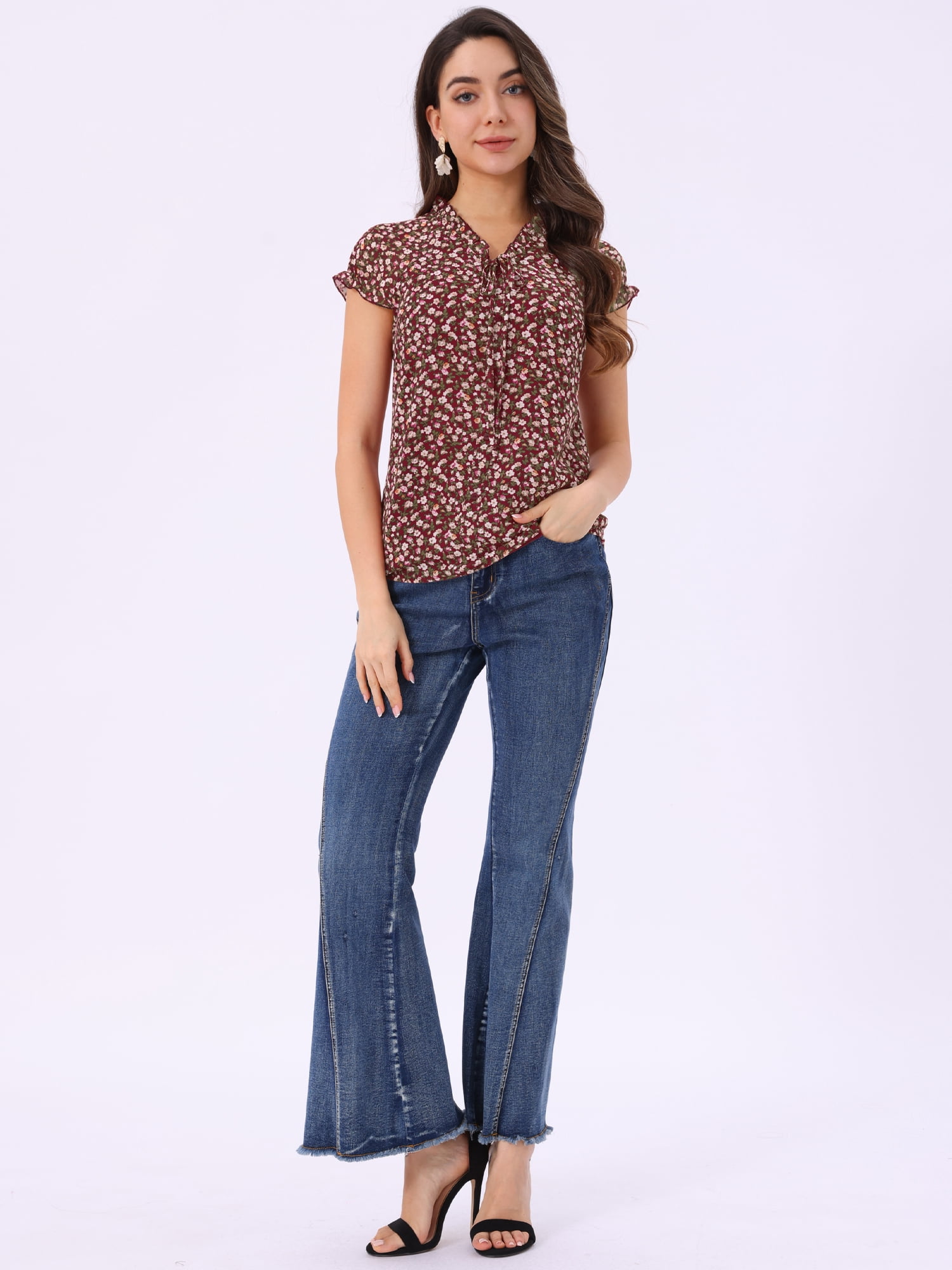DARING DIVA Women's Ruffle V Neck Cap Sleeve Chiffon Floral Blouse Top S Dark Red