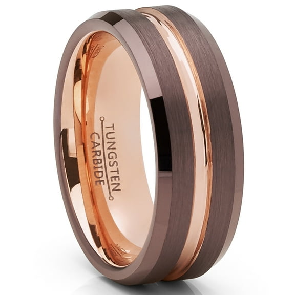 Metal Masters Mens Chocolate Brown Rose GoldTone Tungsten Carbide Wedding Band Ring 8mm