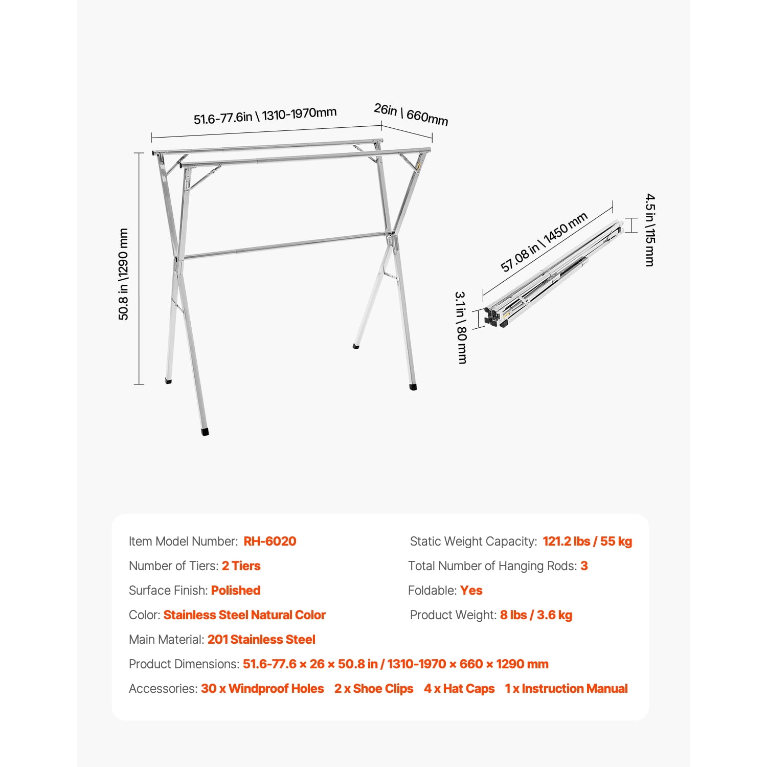KFFKFF 2-Tier Telescopic Laundry Drying Rack, Stainless Steel Clothes Dryer with 30 Windproof Slots and 2 Shoe Holders, Portable and Free-Standing Design for Indoor and Outdoor Use