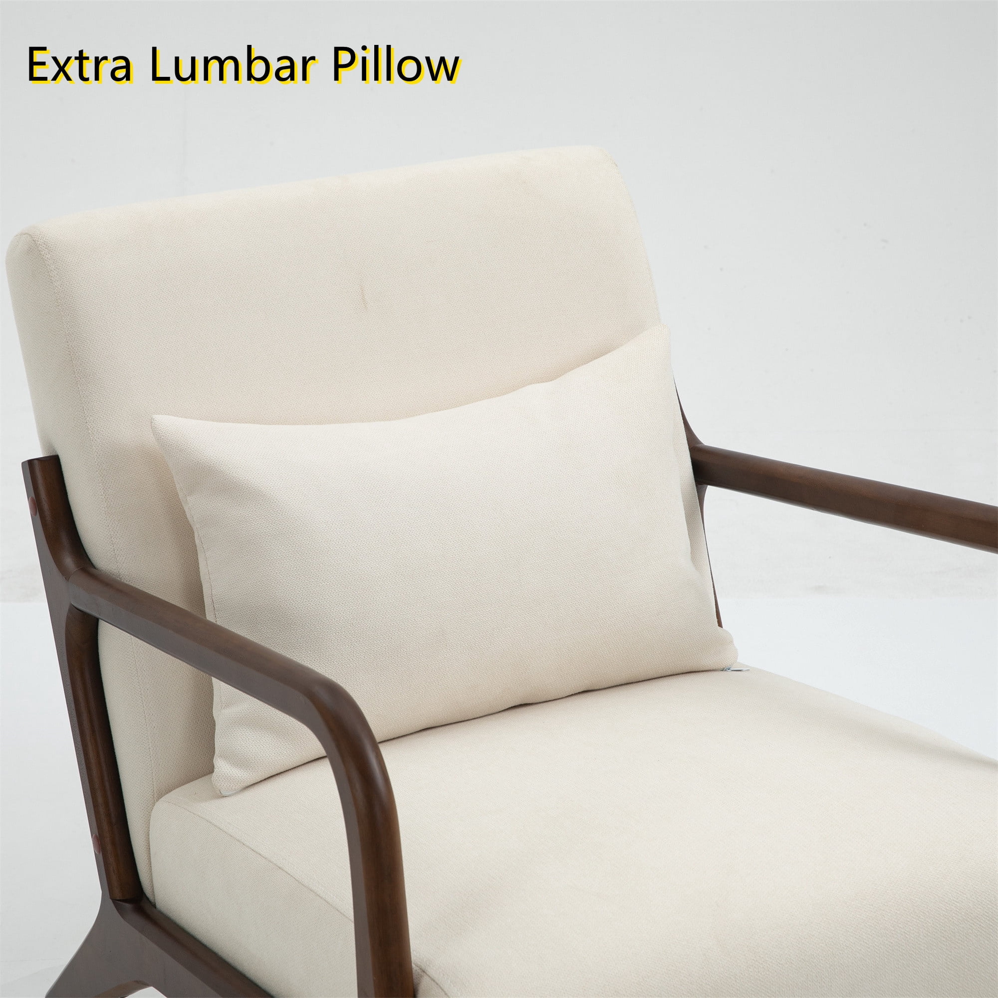 Aukfa Mid Century Modern Accent Chair w/ Lumbar Pillow for Living Room, Wood Frame, Velvet, Beige