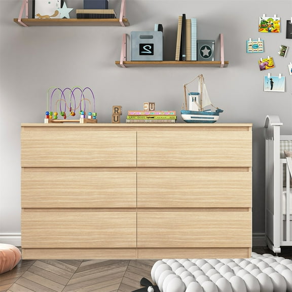 Hommoo Natural 6 Drawer Dresser, Wood Modern Storage Cabinet Dresser Organizer, Chest of Drawers for Living Room, Closet, Hallway, Nursery