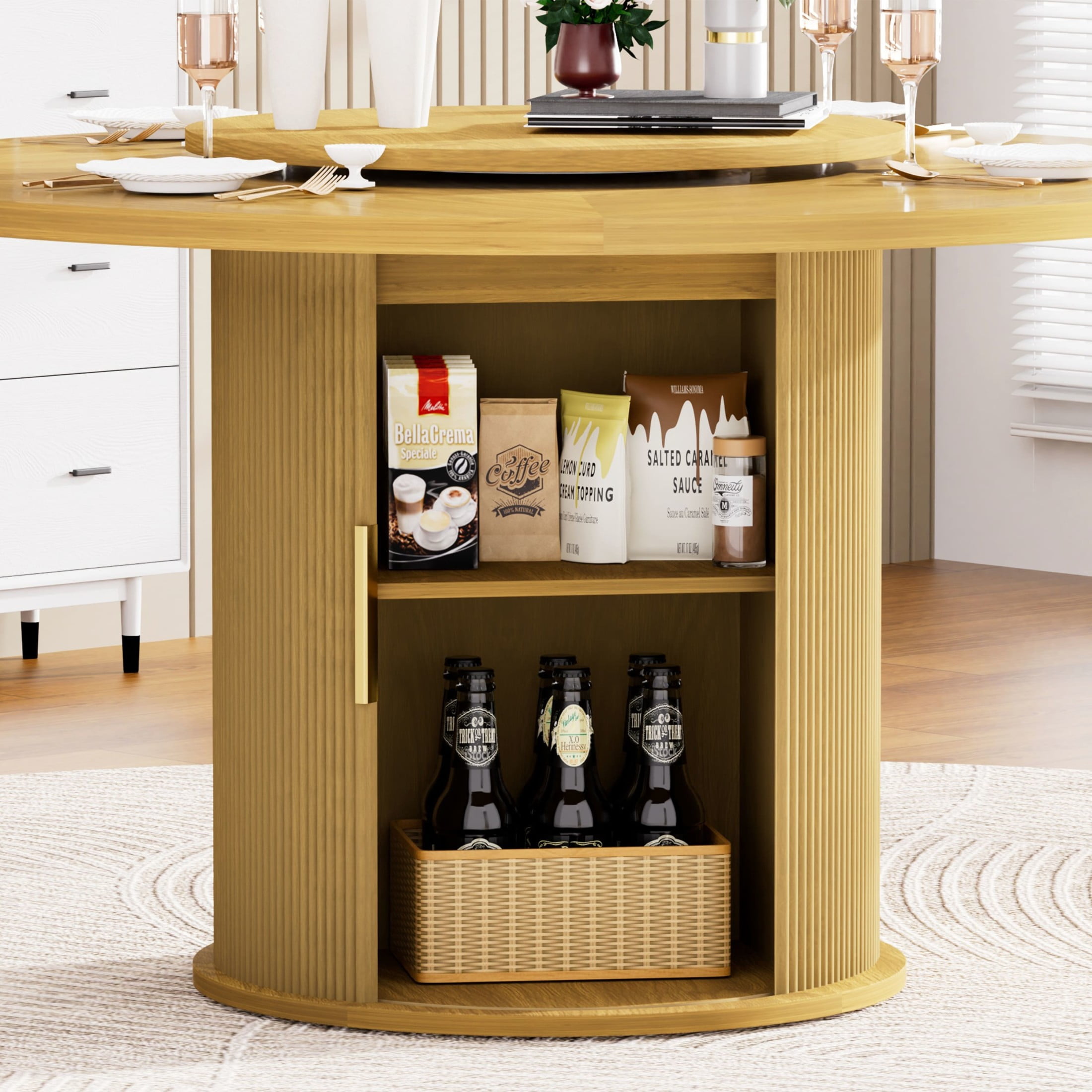 Noble House 55" Round Dining Table for 6, Double-Tier Storage, Rotating Tray, Wavy Sliding Doors, Walnut