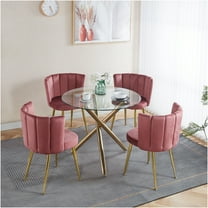 JERFIT Mid-Century Modern 5-Piece Dining Set with Glass Top Table and Velvet Chairs for Kitchen, Gold or Pink