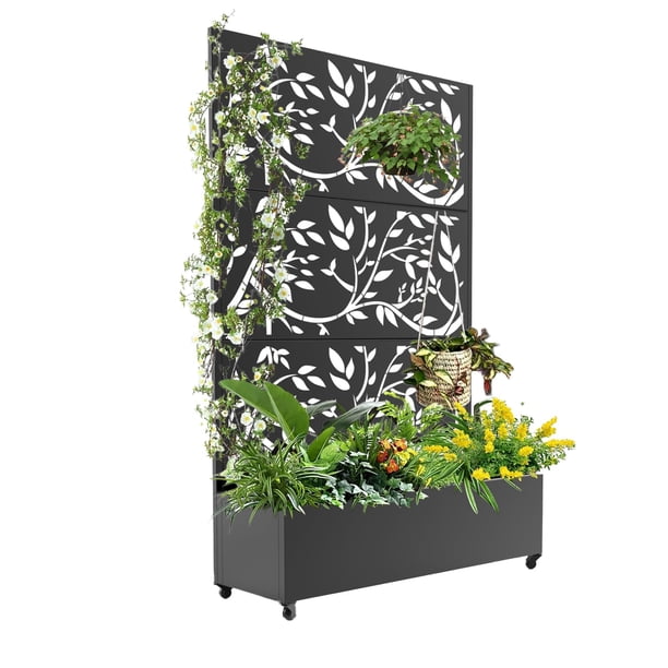 Yeshouse Mampara metálica exterior con celosía y jardinera – Huerto elevado de 3 paneles con ruedas y drenaje, separador de patio para plantas trepadoras y hortalizas
