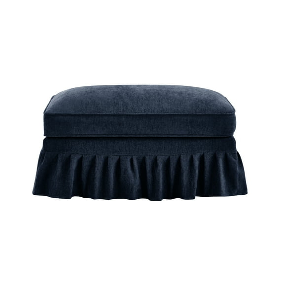 Lisonu 35.4" Convertible Ottoman with Removable Skirt, Blue Chenille Upholstered Footstool with Spindle Legs