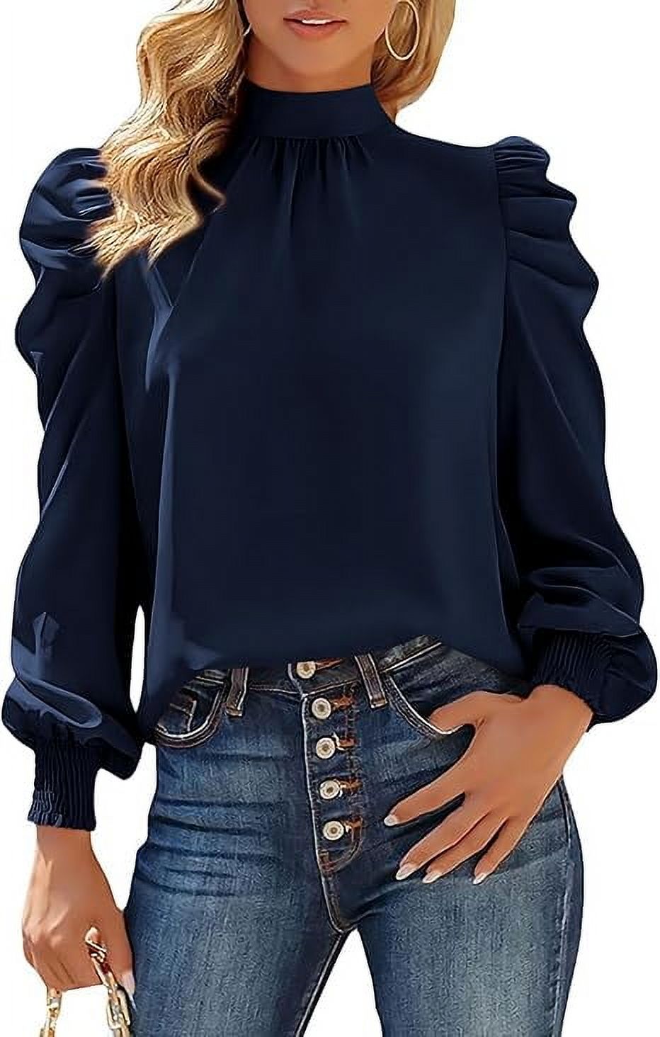 FreshPretty Women Satin Puff Long Sleeve Blouses Mock Neck Shirts Business Casual Tops Work Dressy Blouse Spring Fall Clothes