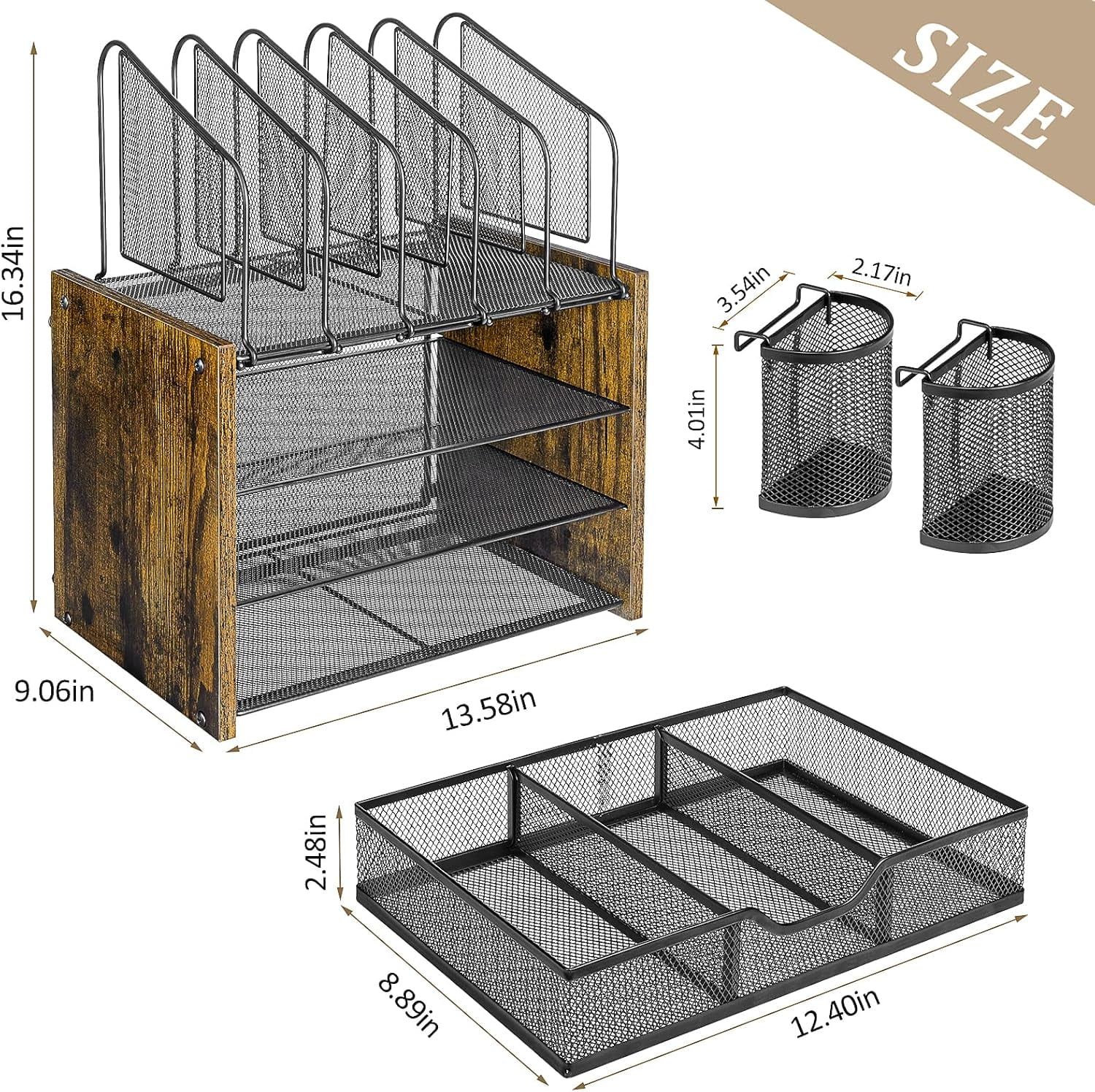 4-Tier Mesh Desk Organizer, Wooden Desk File Organizer with 5 Vertical File Holders and 2 Pen Holders, Desktop Organizers and Accessories with Drawer for Home Office