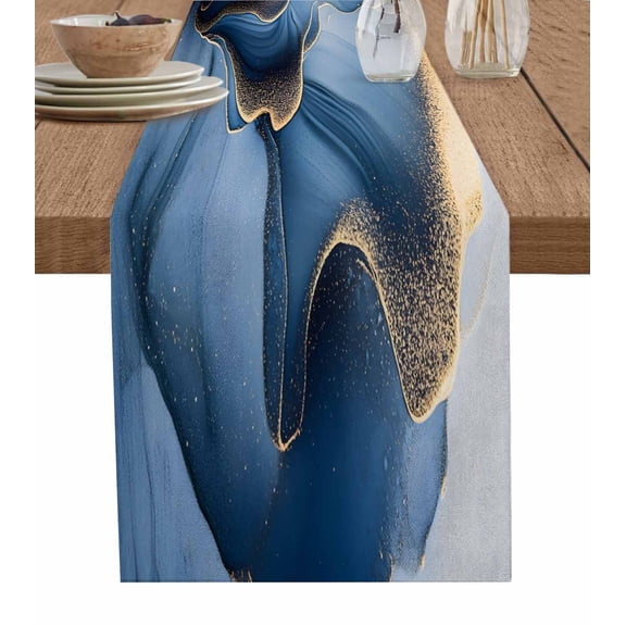 Ldtrchee Navy Blue Marble Table Runner 108 Inches, Ink Painted Modern Artwork Bed Runner Dresser Scarves Tabletop for Indoor Outdoor Parties/Ceremony/Banquet, 13"x 108"