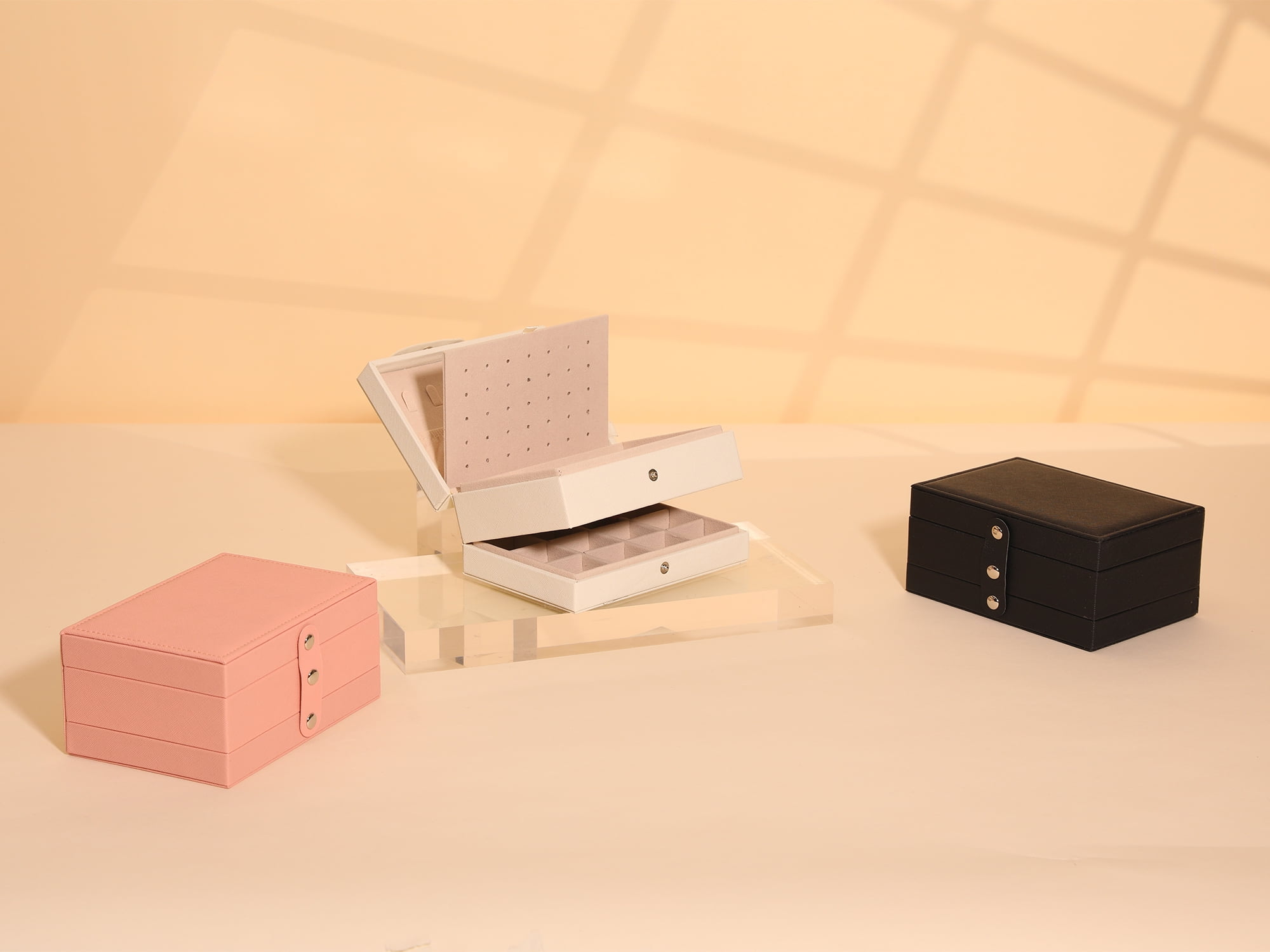 Unique Bargains 2 Layer Jewelry Box PU Leather Jewelry Case for Earring Necklace Ring Pink