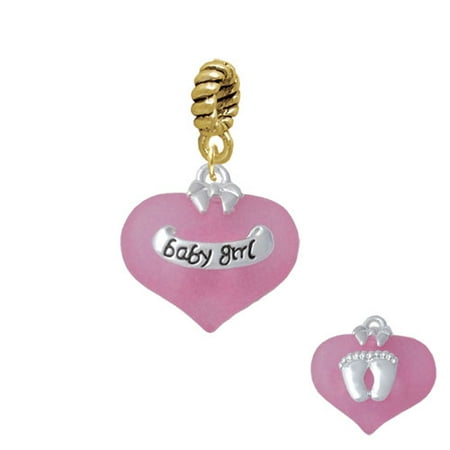 Baby Girl Pink Heart with Baby Feet - Goldtone Charm Bead