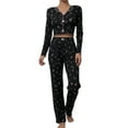 thumbnail image 2 of Womens Cute Long Sleeve Pajama Set Ribbed Top and Pants Sleepwear 2 Piece Pjs Black L, 2 of 8