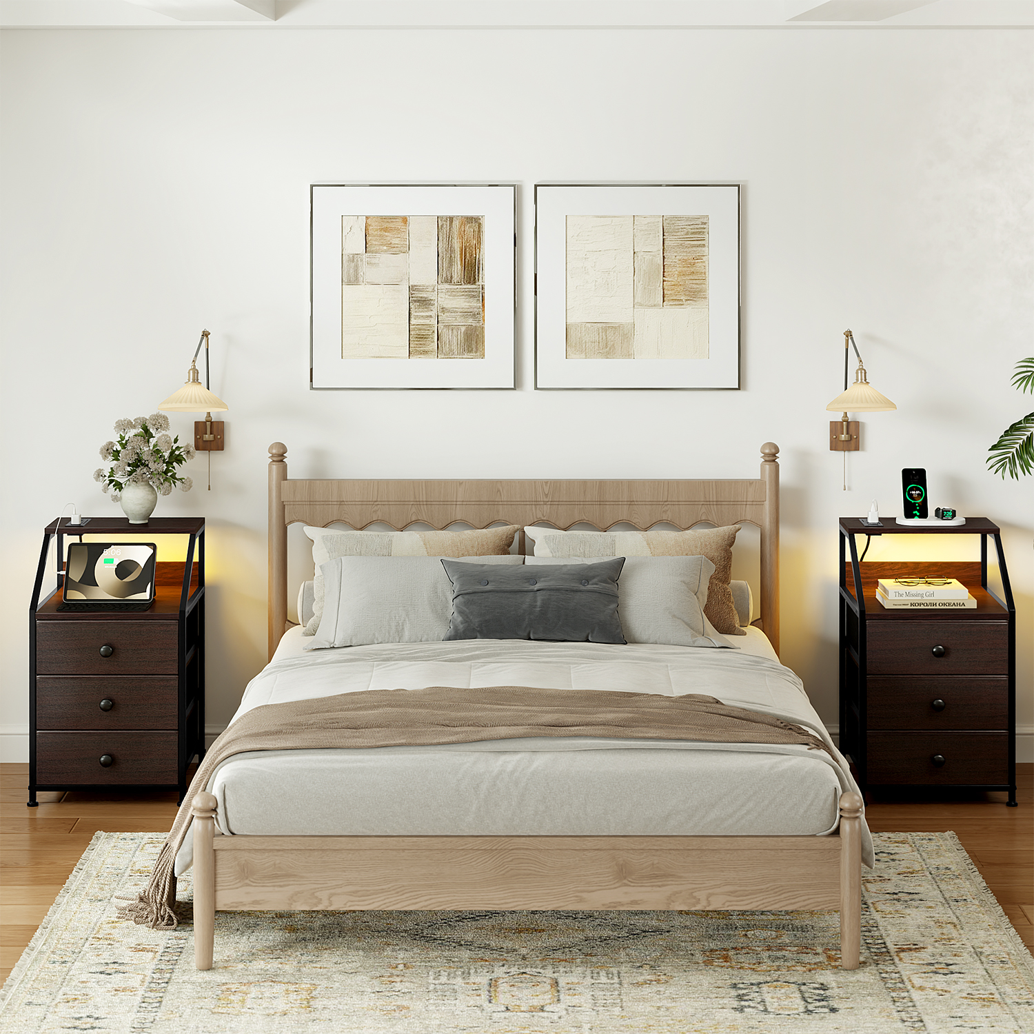 GUNAITO LED Nightstand with Charging Station, Brown photo 7