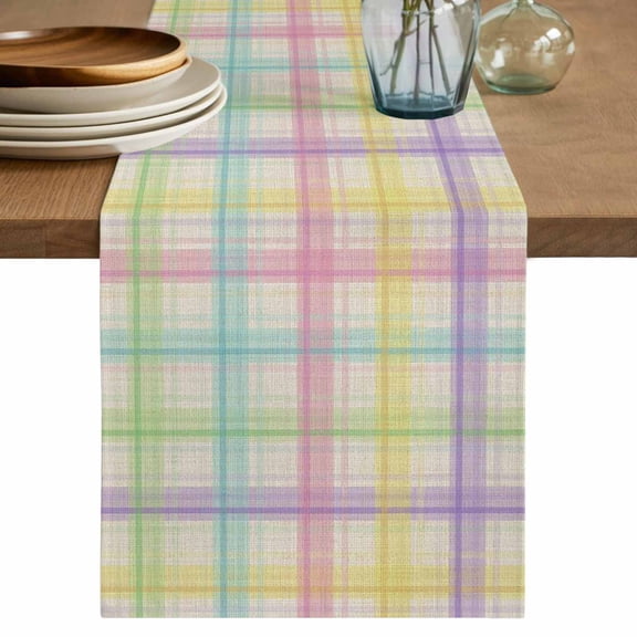 Table Runner 70 Inches Long for Kitchen Dining, Colorful Grid Plaid Dresser Scarf Farmhouse, Dining Table Decorations for Wedding/Parties, Country Vintage Simple Geometric 13 x 70 In