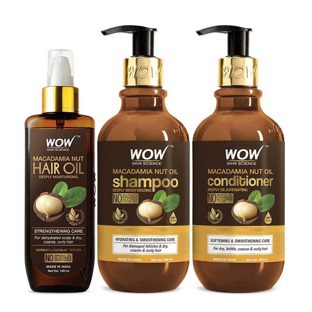 WOW Skin Science Macadamia Ultimate Hair Care kit - Consist of Hair Oil,  Shampoo & Conditioner - Net Vol 750mL 