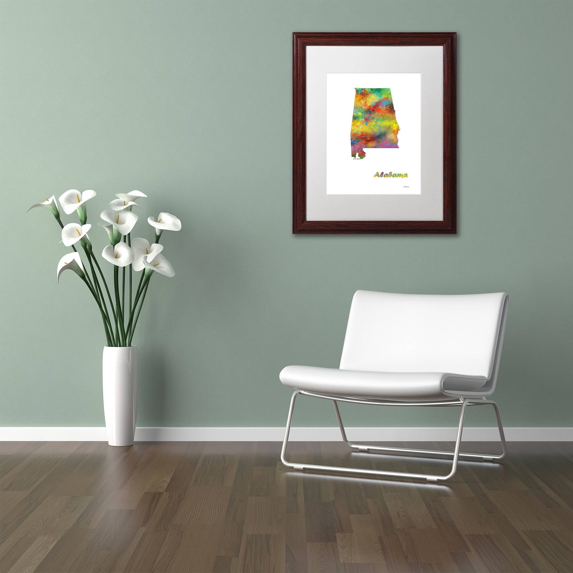 Trademark Fine Art "Alabama State Map-1" Canvas Art by Marlene Watson, White Matte, Wood Frame