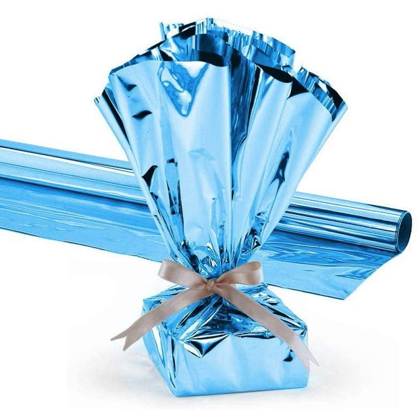 PMU Gift Wrap Mylar Roll Metallic Baby Blue 24 Inches X 25 Feet 1.4 Mil