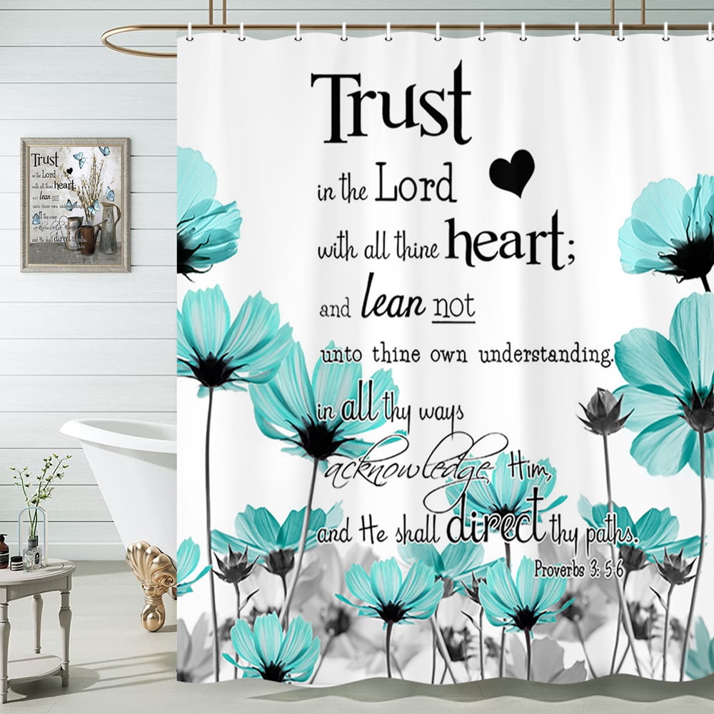 Teal Shower Curtain, Rustic Elegant Floral Turquoise Gray Daisy Flower Bath Curtain, Bible Verse Inspirational Farmhouse Plant Bathroom Accessories for Bathroom Curtain Liner Set with Hooks, 72x72IN