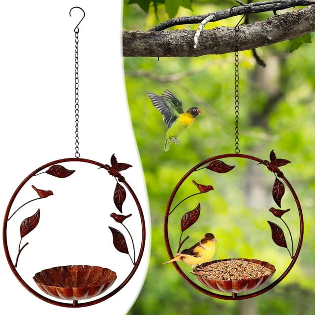 Comedero para pájaros de rama de hierro redondo vintage, alimentador de disco de jardín al aire libre, diseño rústico de estilo rural, resistente a la intemperie, fácil de limpiar y llenar