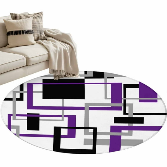 Purple Black Geometric Round Area Rug 4 FT, Non Slip Indoor Outdoor Rug, Minimalist Stripes Abstract Art Washable Soft Circular Carpet Non-Shedding Floor Mat for Coffee Table Nursery Foyer Balcony