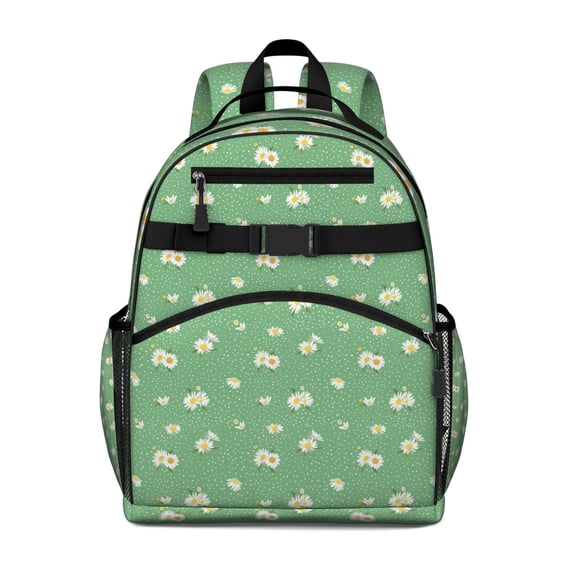 Green Daisy Flower Floral Pattern Backpack for School,Cute School Bag,Schoolbag with Adjustable Shoulder Straps & Padded Back,15.25"x11.5"x5.25"