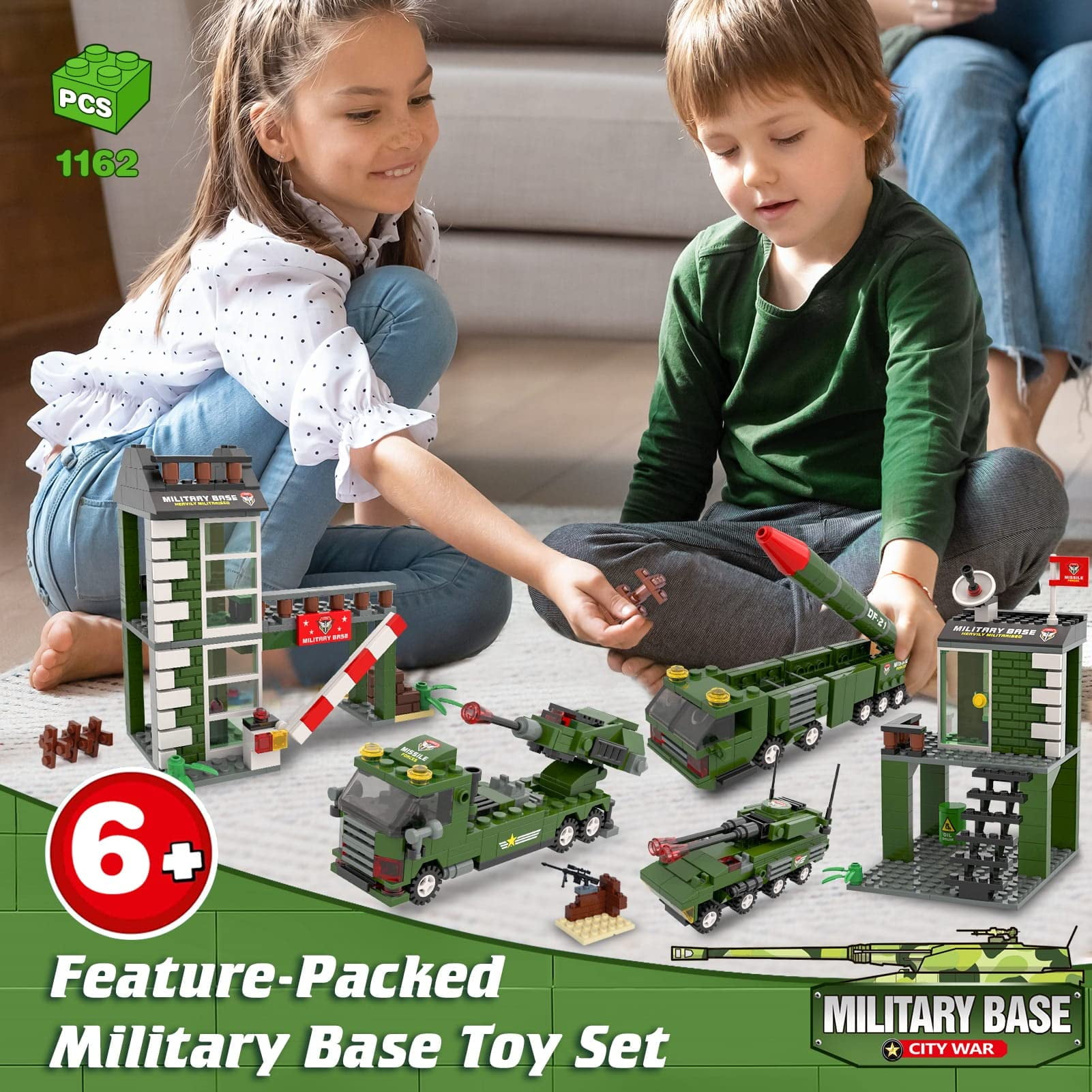 1162 Pcs Police Building Blocks Set, Army Military Base Building Kit for Kids,ENP Stem Building Toy, Gifts for Boys Girls 6-12, Green