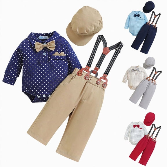 Nwiuh Baby Boy Christmas Outfits Infant Gentleman Clothes Dress Suit Sweatshirt Top with Bowtie Suspender Pants 0-24M (Khaki, 18-24 Months)