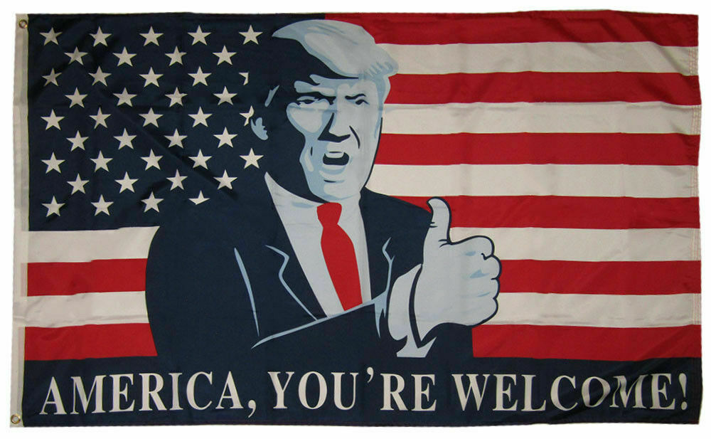 Bandiera USA 3x5 Piedi Con Scritta 'America You're Welcome' E Donald Trump - 100% Poliestere