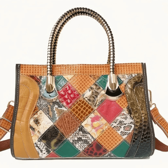 Colorful Patchwork Leather Tote Bag with Braided Handle