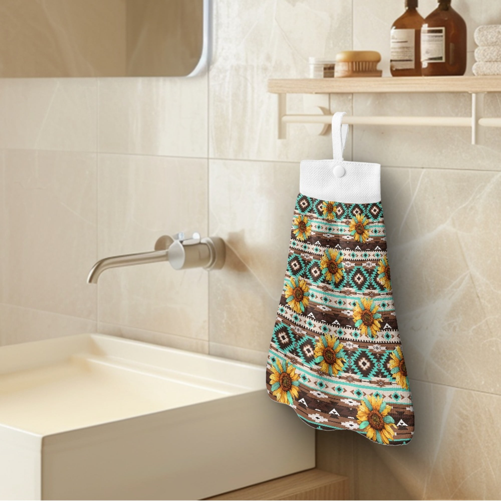 ZIATUBLE Aztec Southwest Dish Towel Hand Towels Sunflower Hanging Hand Towels with Loop 3 Pcs Easy to Clean Hanging Dish Towels Dish Cloths Soft Hand Towels Hanging Loops Kitchen Bathroom