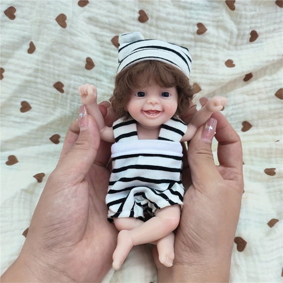 6inch Soft Silicone Reborn Doll for Children Handmade Open Eyes and Striped Outfit Realistic Light Rice