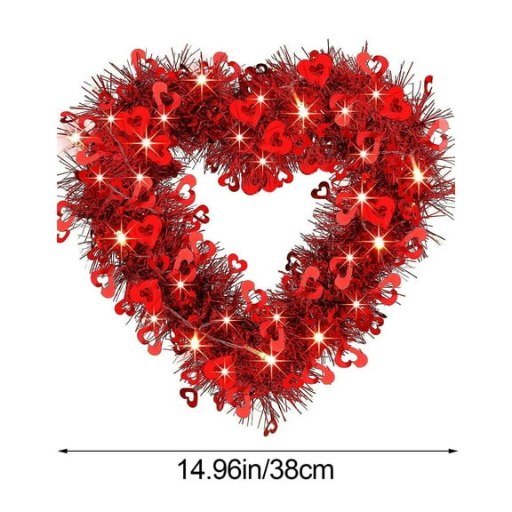 Valentine s Day Wreaths with Lighted- 15'' Heart Wreaths for Front Door Valentines Decorations Heart Shaped Tinsel Wreath for Wedding Proposal Engagement Party