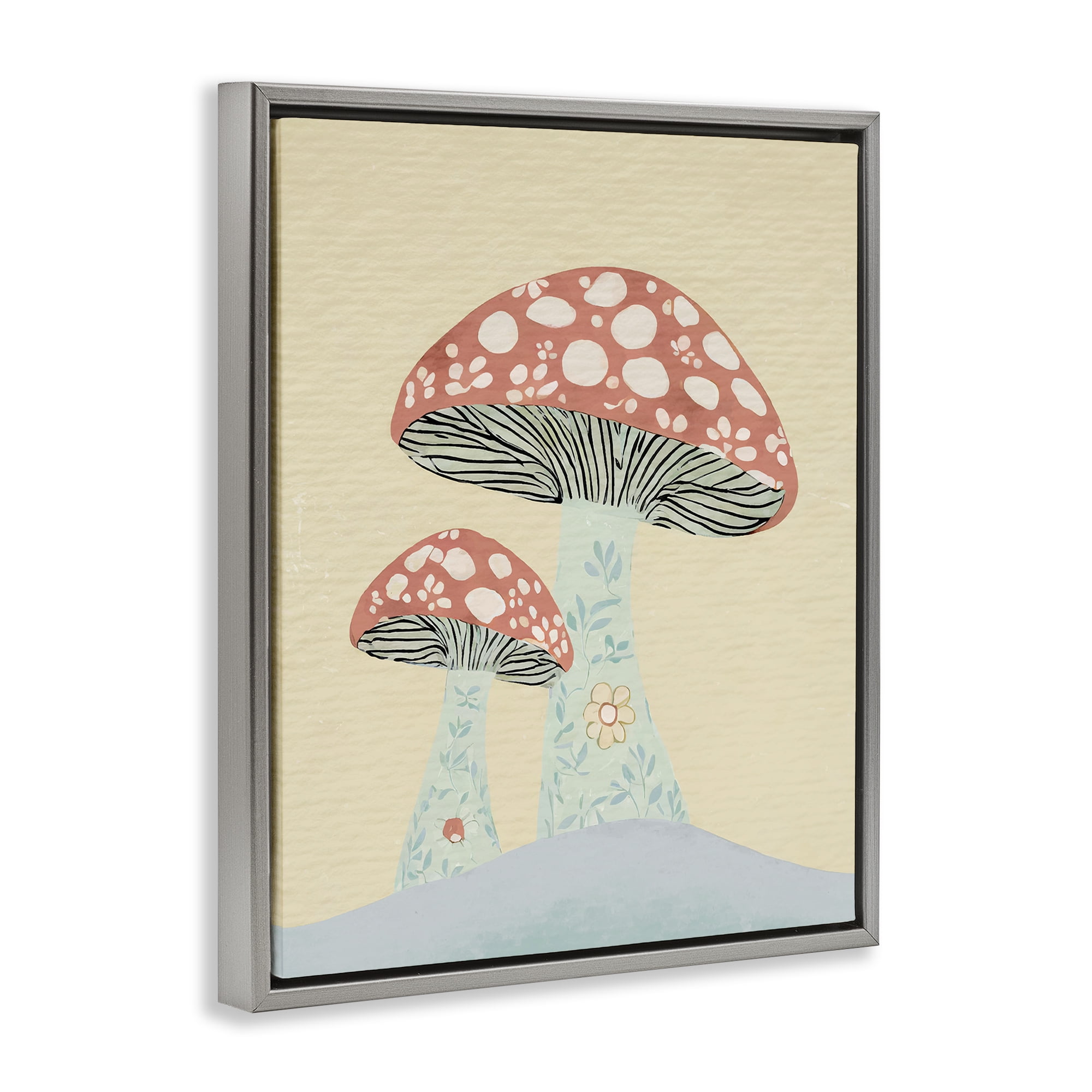 Stupell Industries Floral Collaged Mushrooms Botanical & Floral Painting Gray Floater Framed Art Print Wall Art, 25 x 31